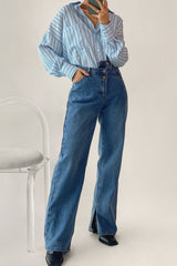 Light Blue Striped Pocket Button-Up Long Sleeve Shirt