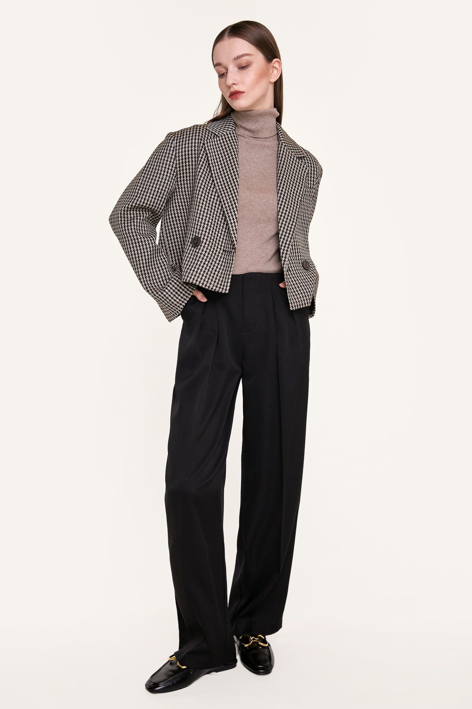 Sienna Double-Breasted Houndstooth Cropped Blazer