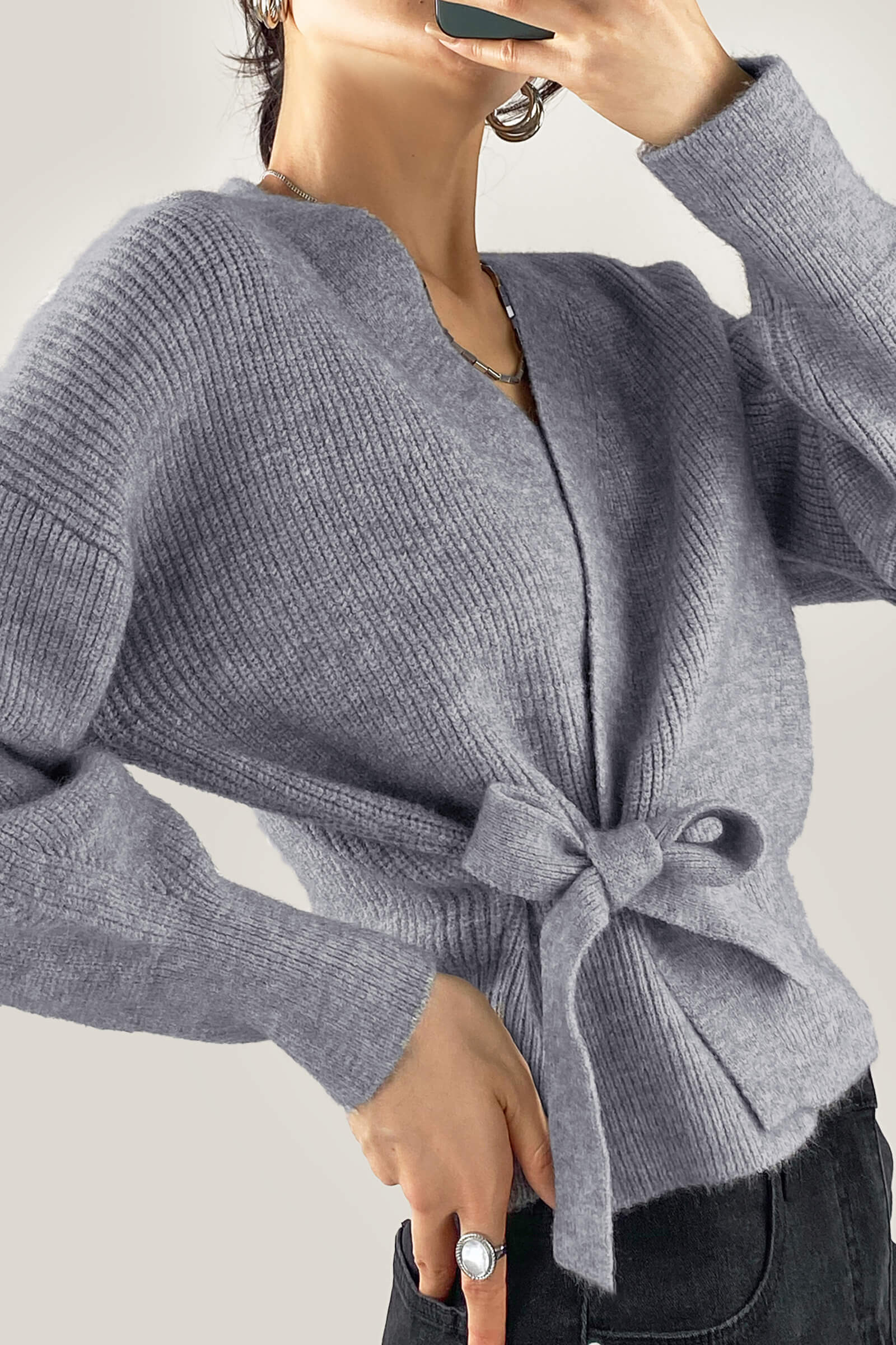 Grey Ribbed Knit Wrap Tie Side Cardigan