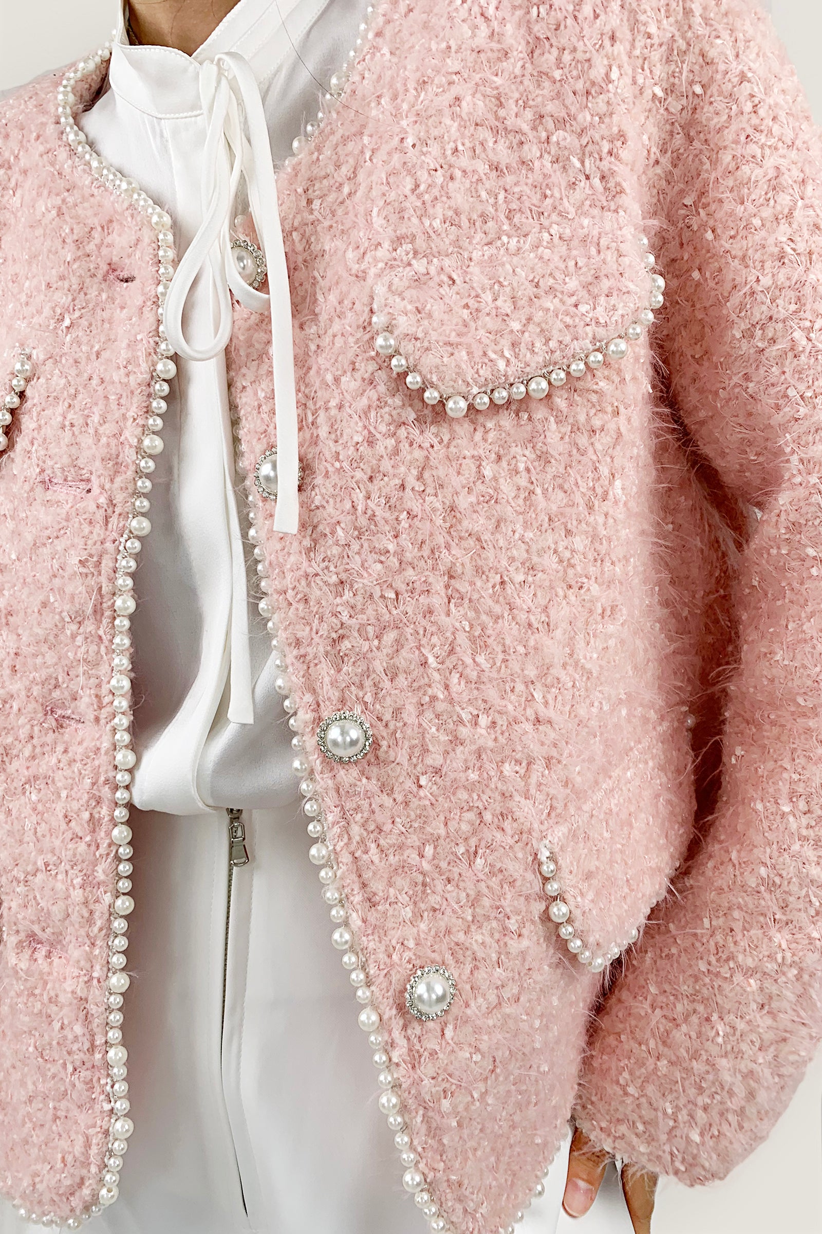 Misty Rose Wool-Blend Long Sleeve Button Up Pearl-Trimmed Jacket