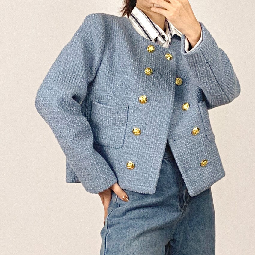 Cornflower Blue Double-Breasted Tweed Jacket With Gold Buttons