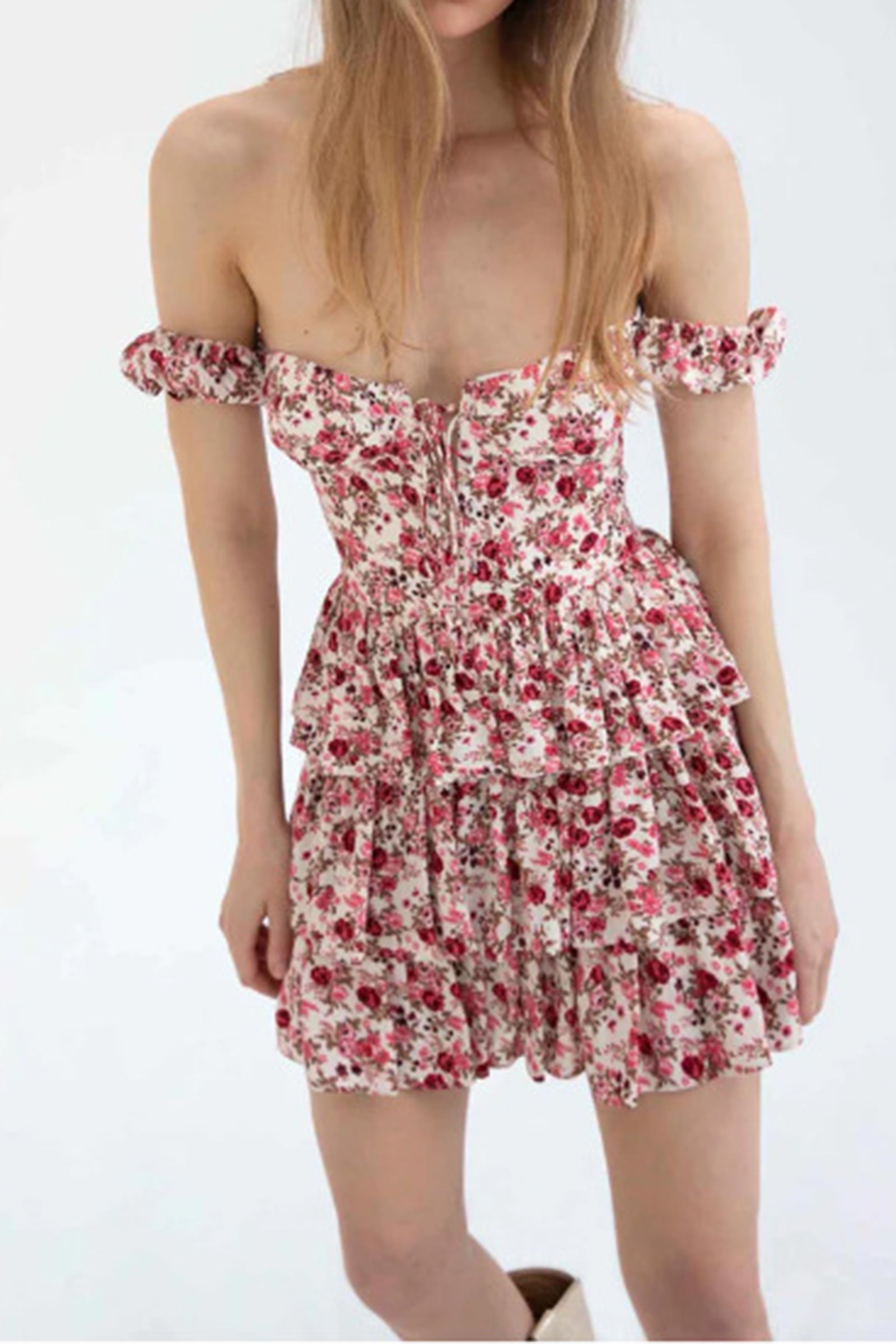 Pink Floral Print Tiered Bustier Mini Dress