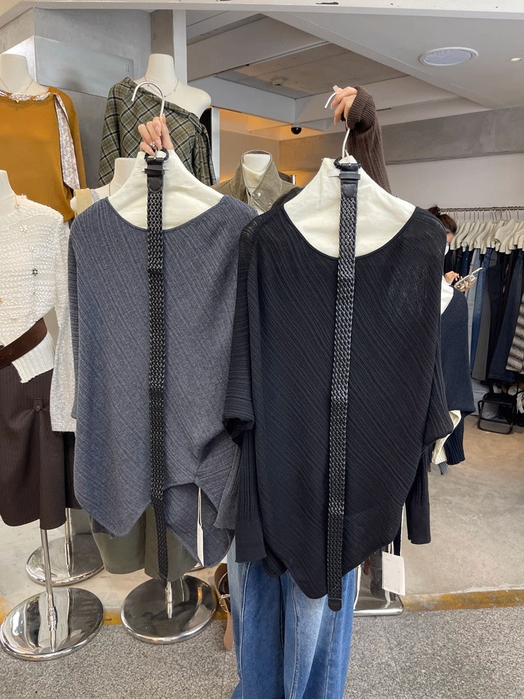 Textured Off-Shoulder Asymmetric Sweater with Belt