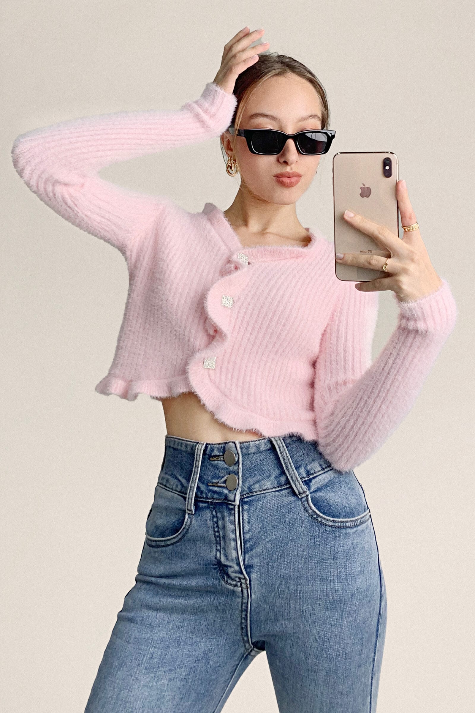 Pink Ruffle Trim Ribbed Knit Fitted Cardigan