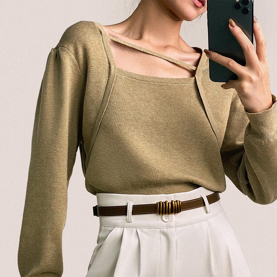 Dark Khaki Wool-Blend Strap Detail Asymmetric Neck Sweater