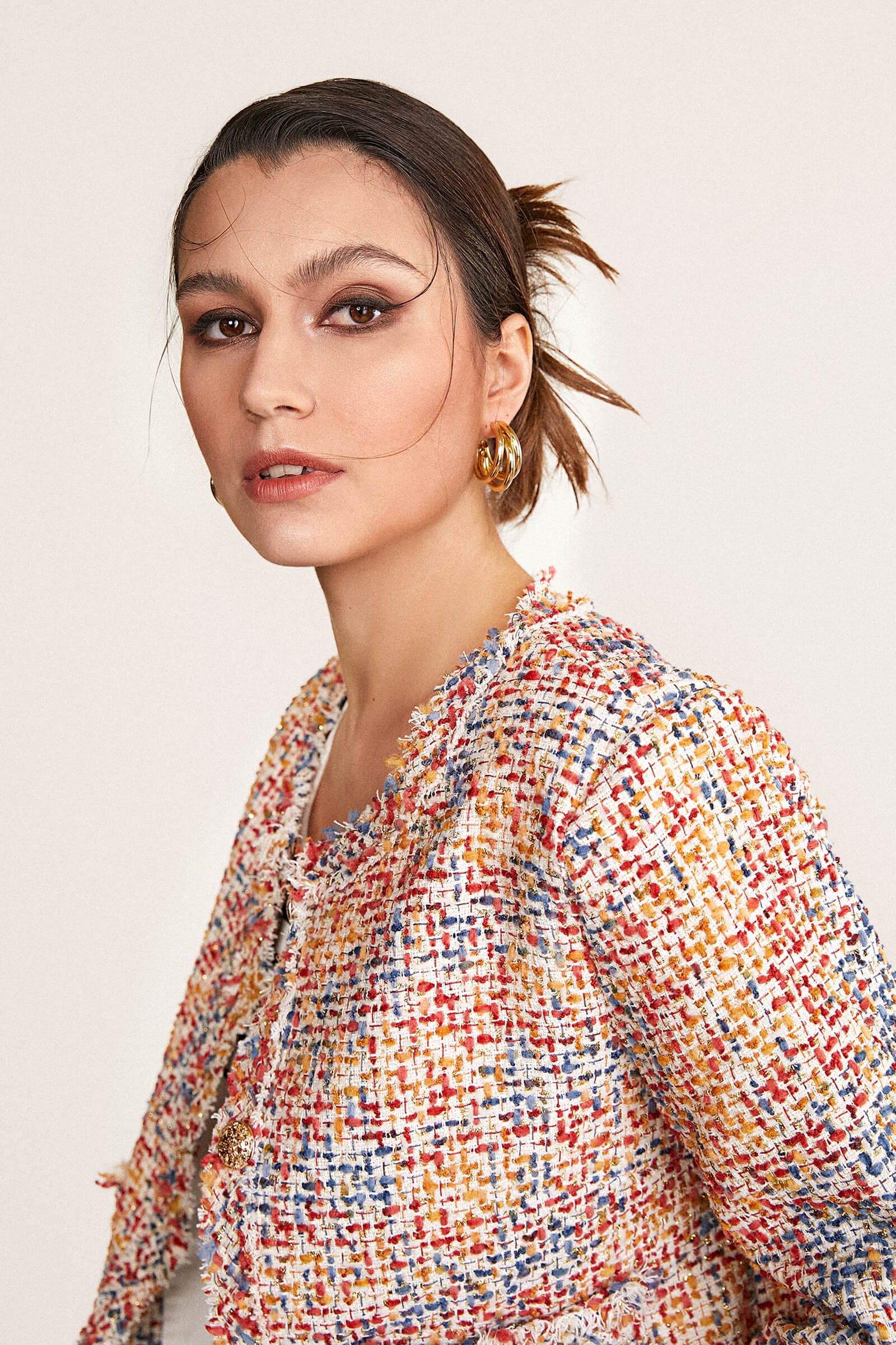 Multicolor Frayed Trim Button-Up Tweed Jacket