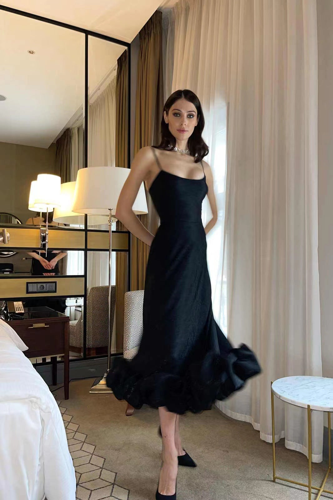 Black Slip Petal Hem Midi Dress