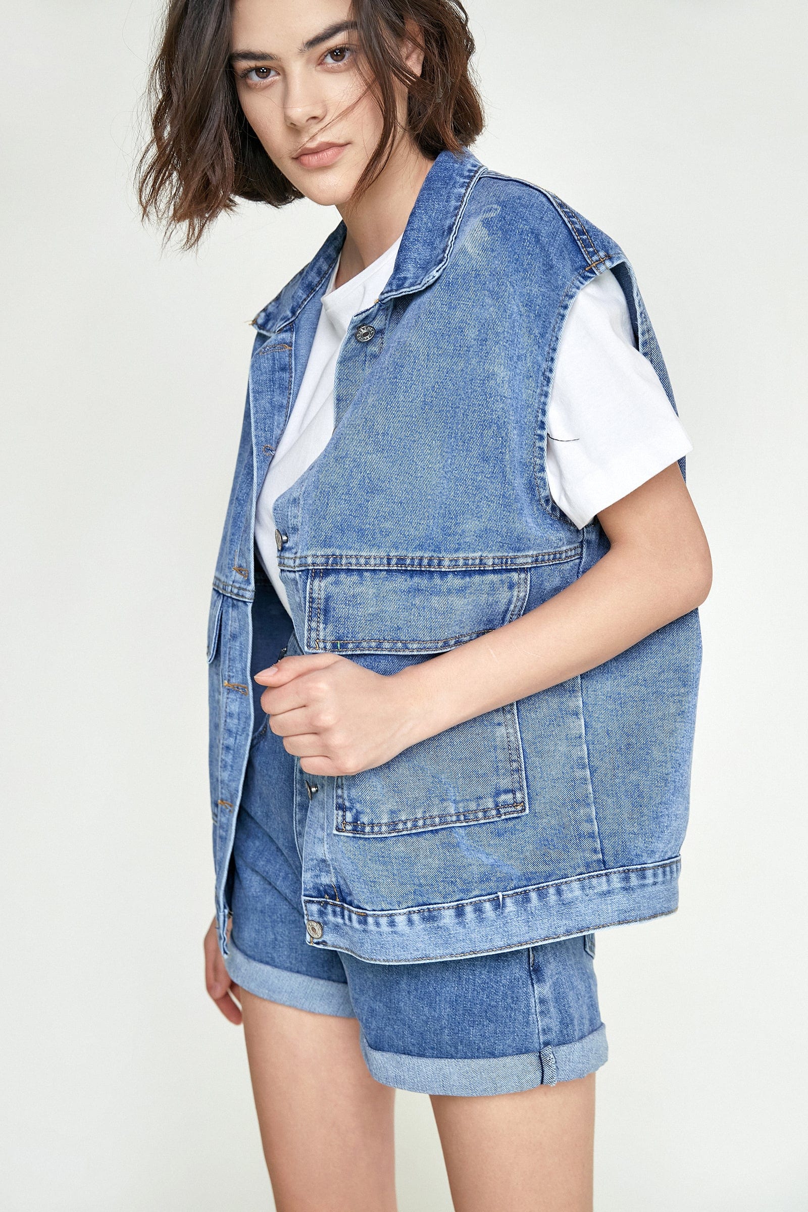 Steel Blue Collared Flap Pocket Button Front Denim Vest