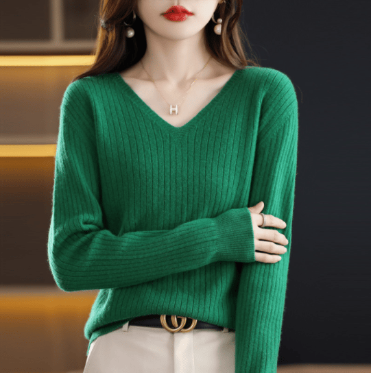 V-Neck Pullover Long Sleeve Solid Color Cashmere Sweater