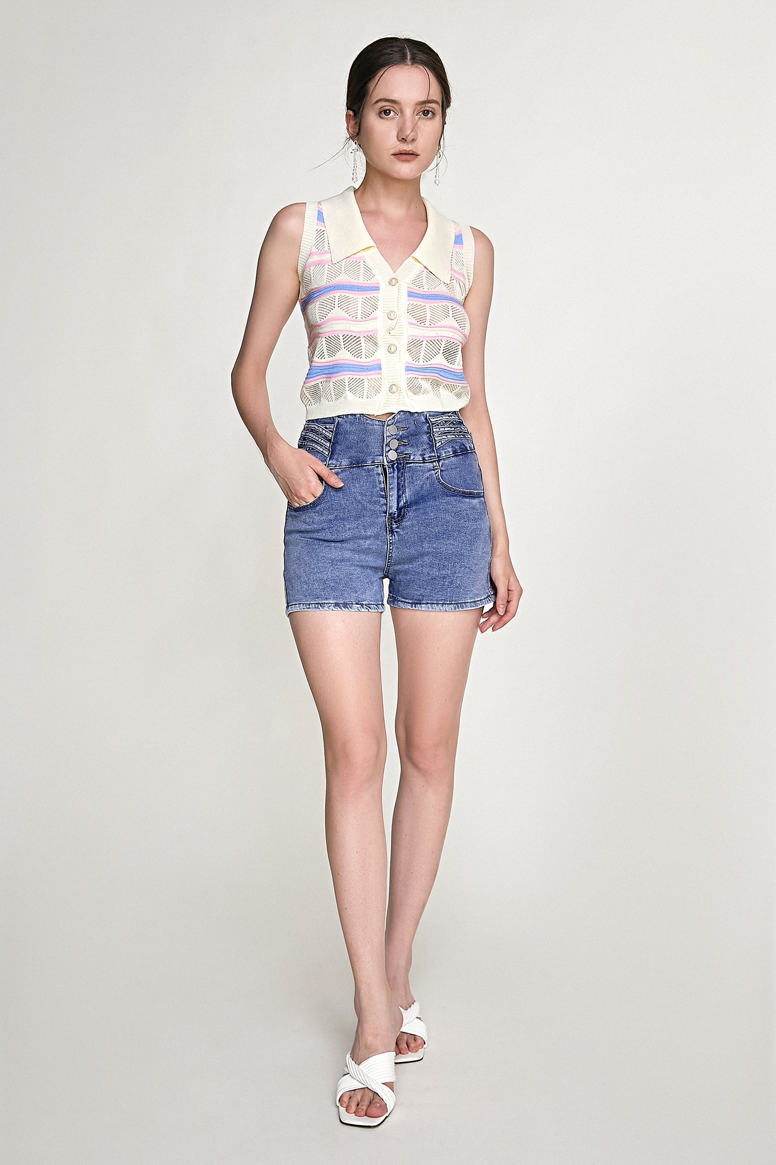 Ivory Striped Button-Up Knitted Collar Vest