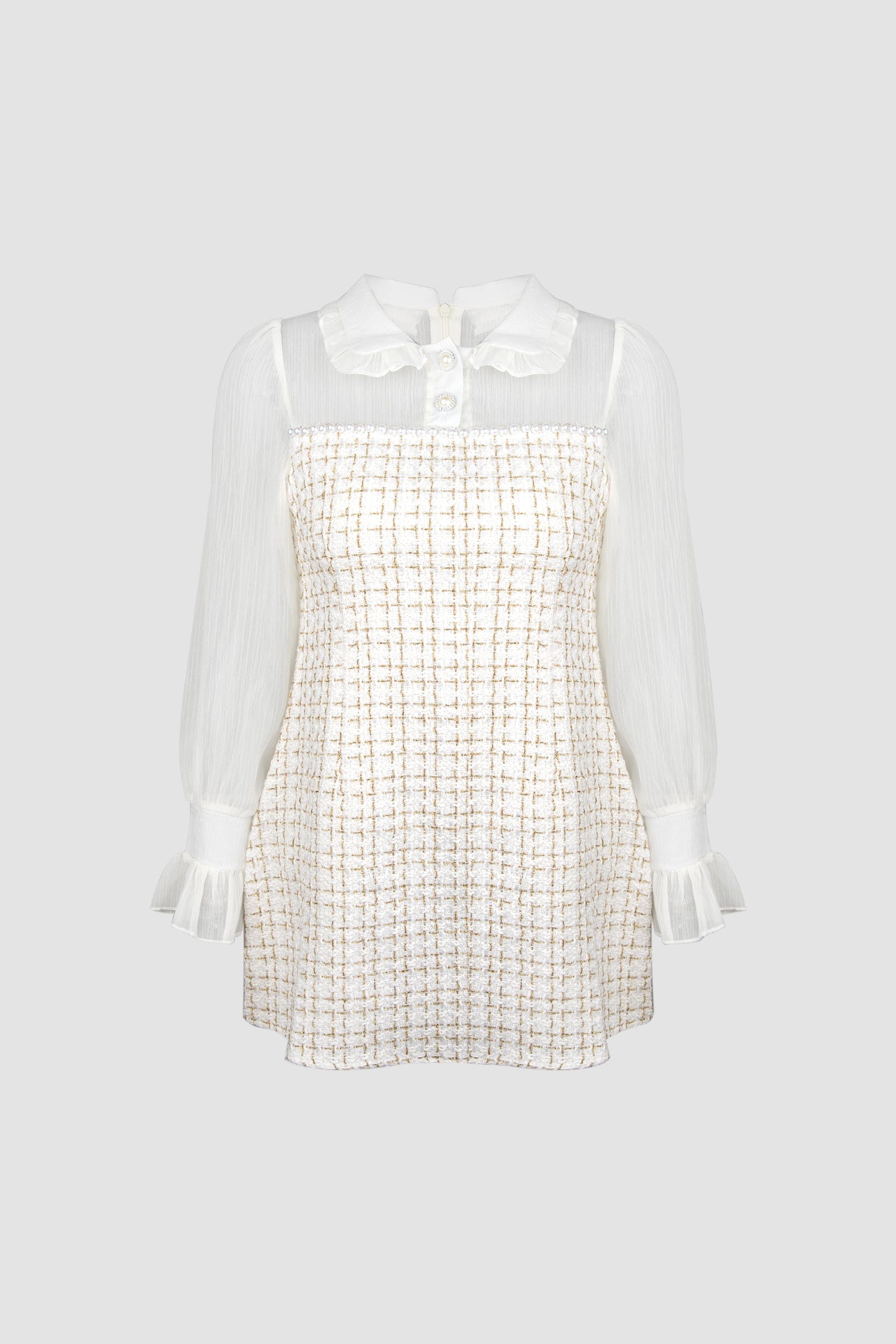 White Mesh Yoke Tweed Mini Dress