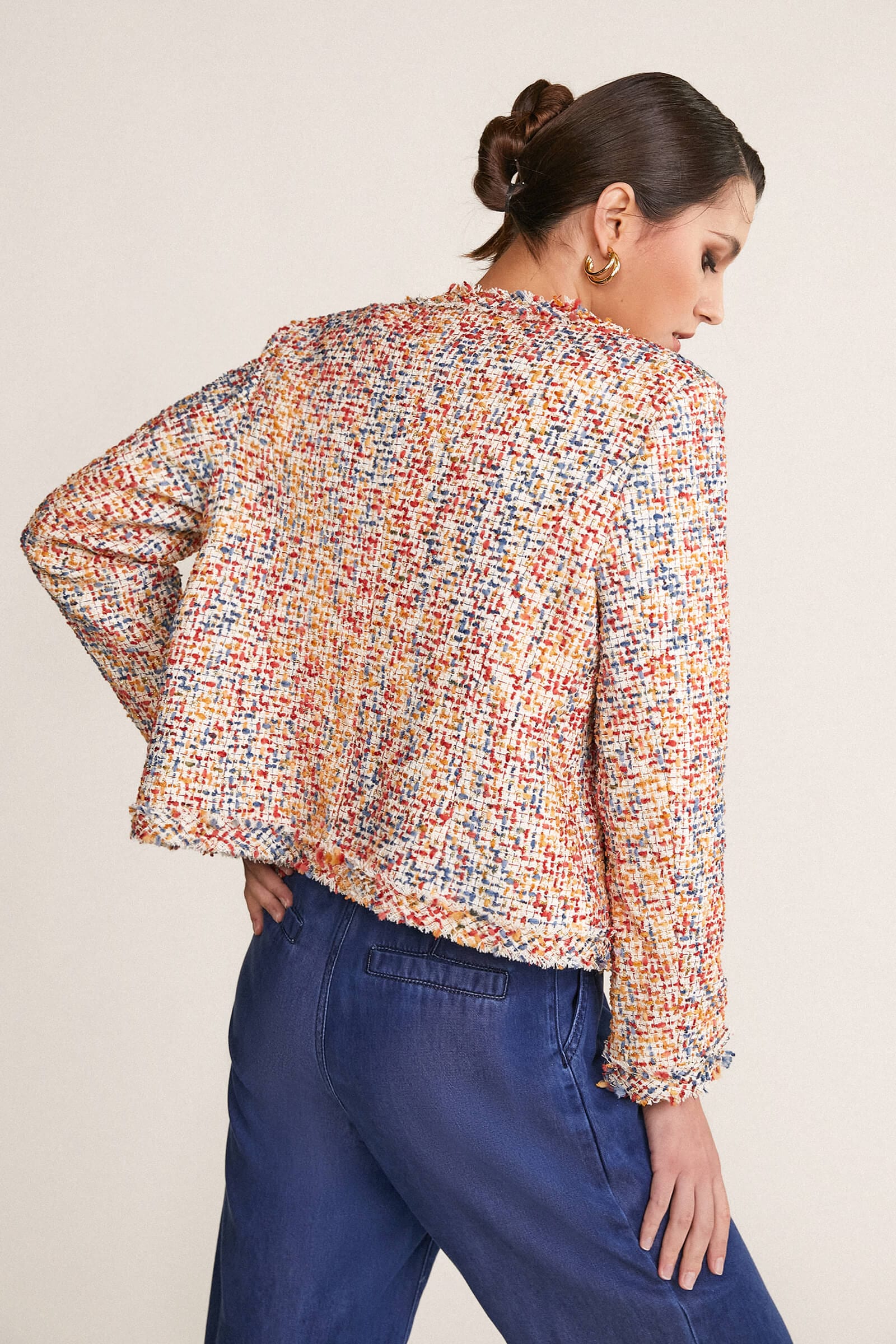 Multicolor Frayed Trim Button-Up Tweed Jacket