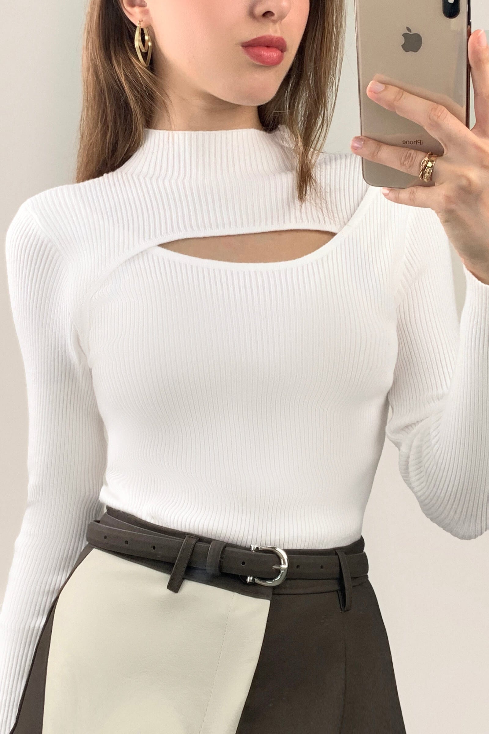 White Mock Neck Front Cut Out Ribbed Knit Sweater
