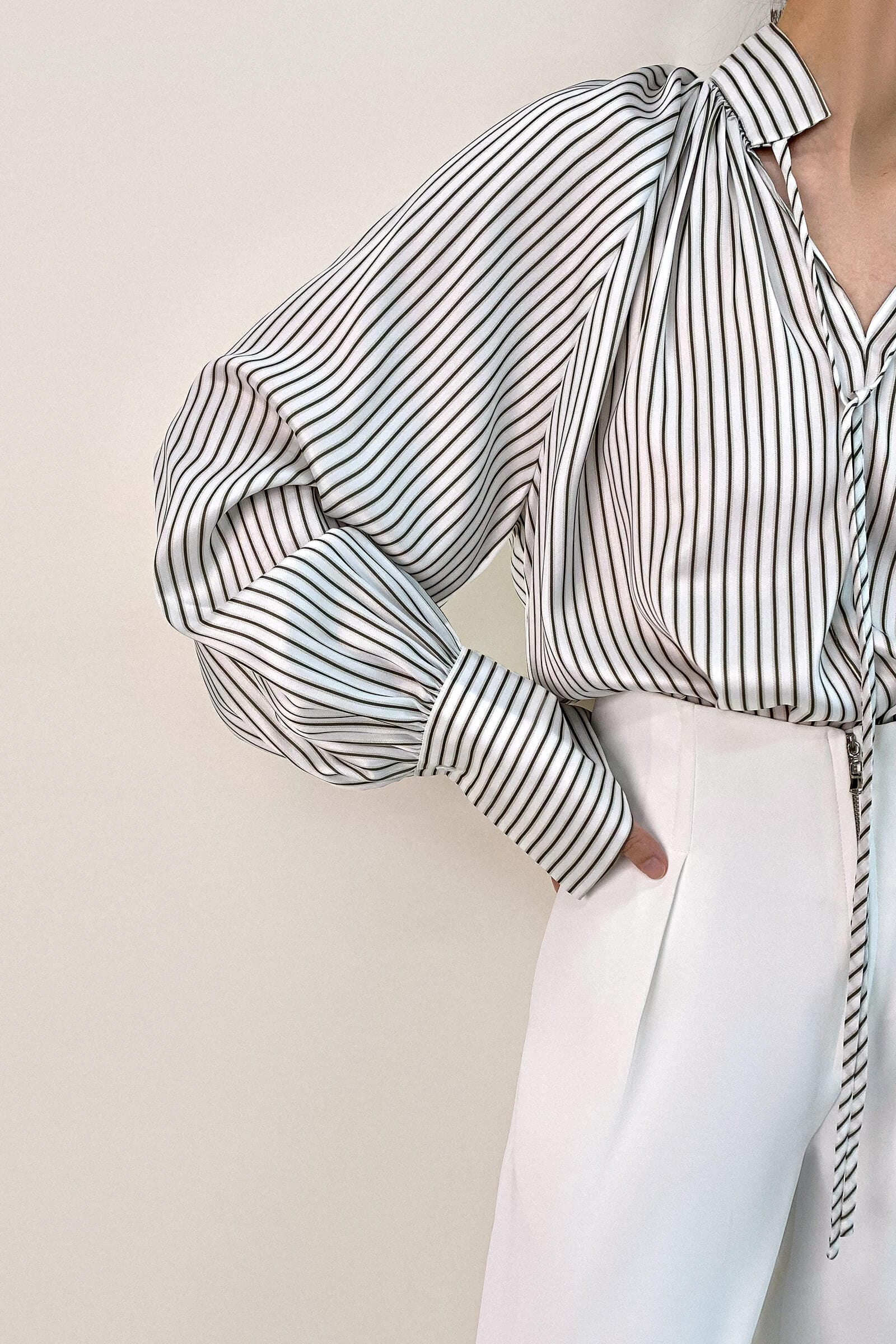 White High Neck Tie Detail Striped Blouse