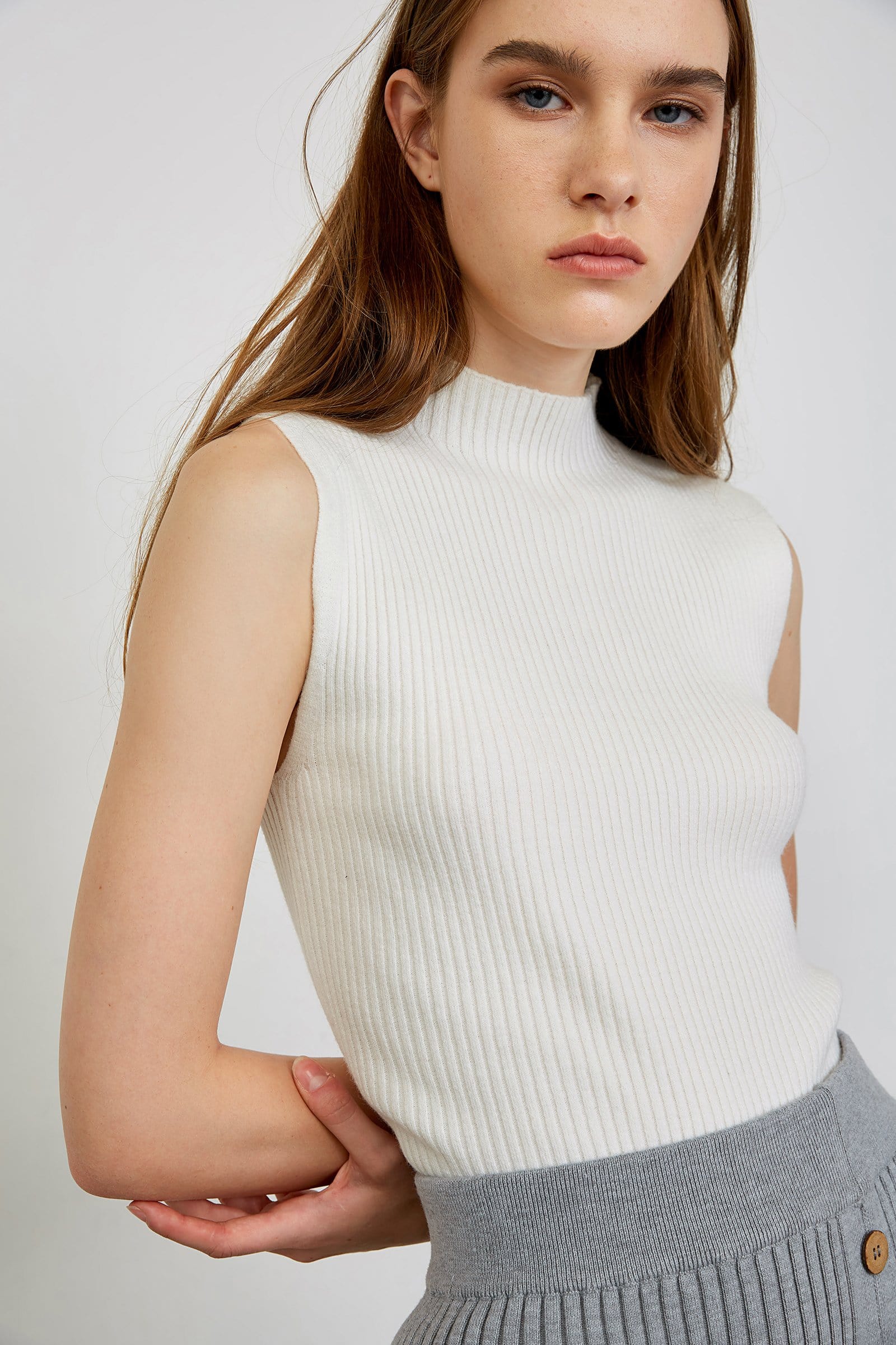 Taryn White High Collar Sleeveless Tank Top