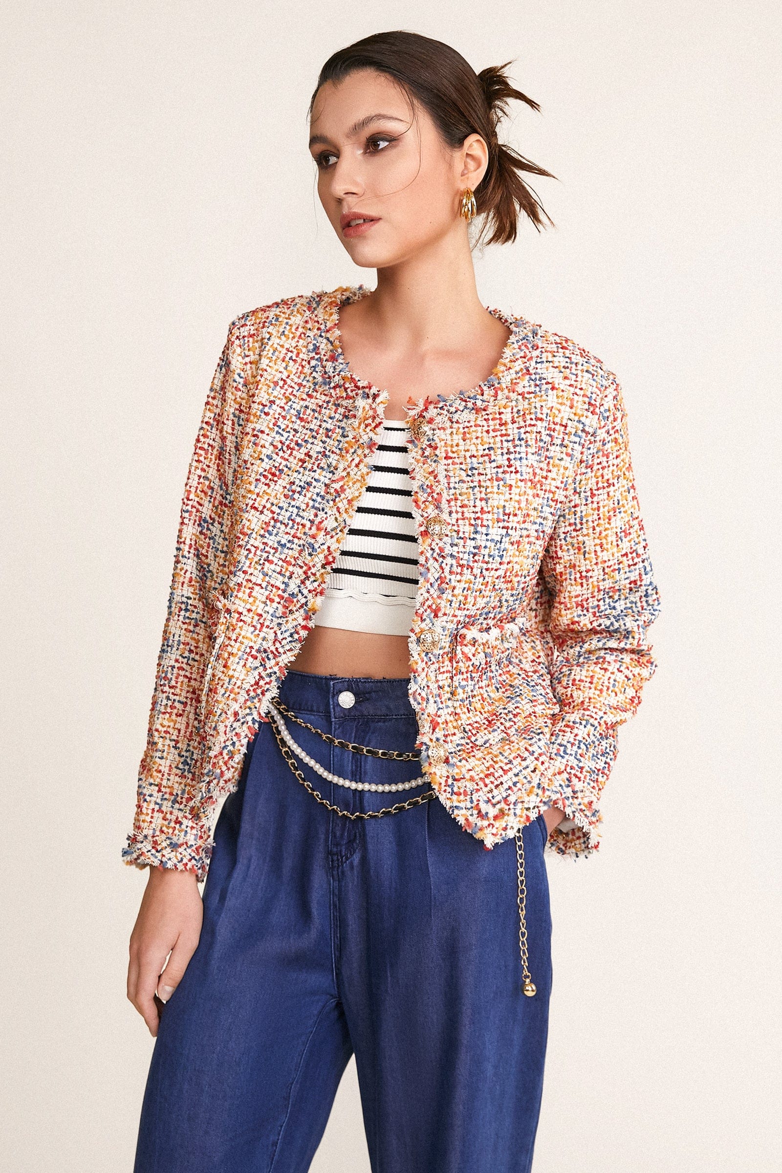 Multicolor Frayed Trim Button-Up Tweed Jacket