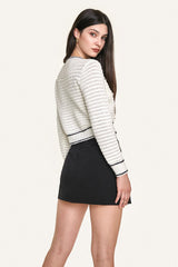 White Contrast Trim Button-Up Pointelle-Knit Cardigan