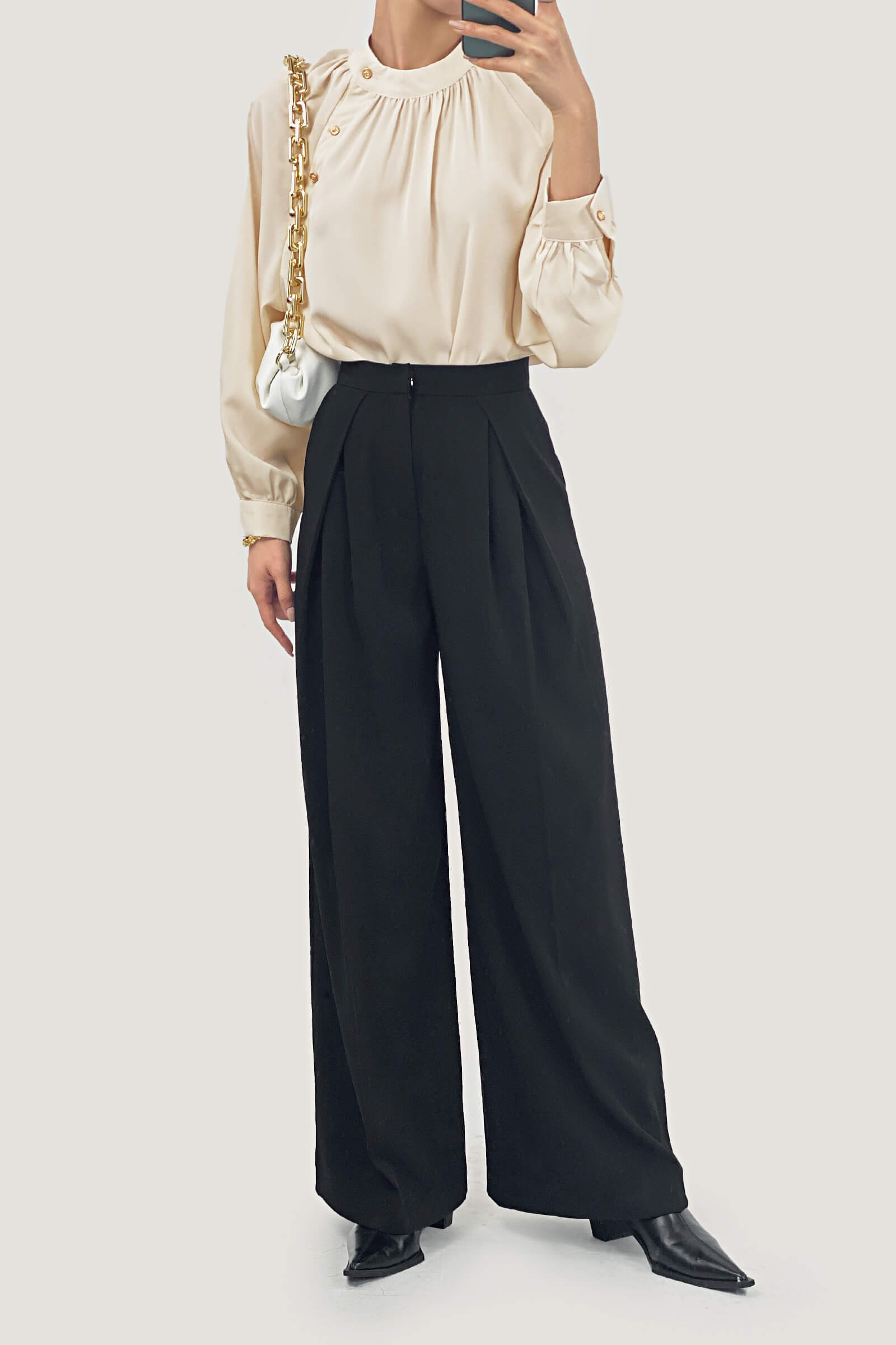 Crew Neck Button Detail Pleated Blouse