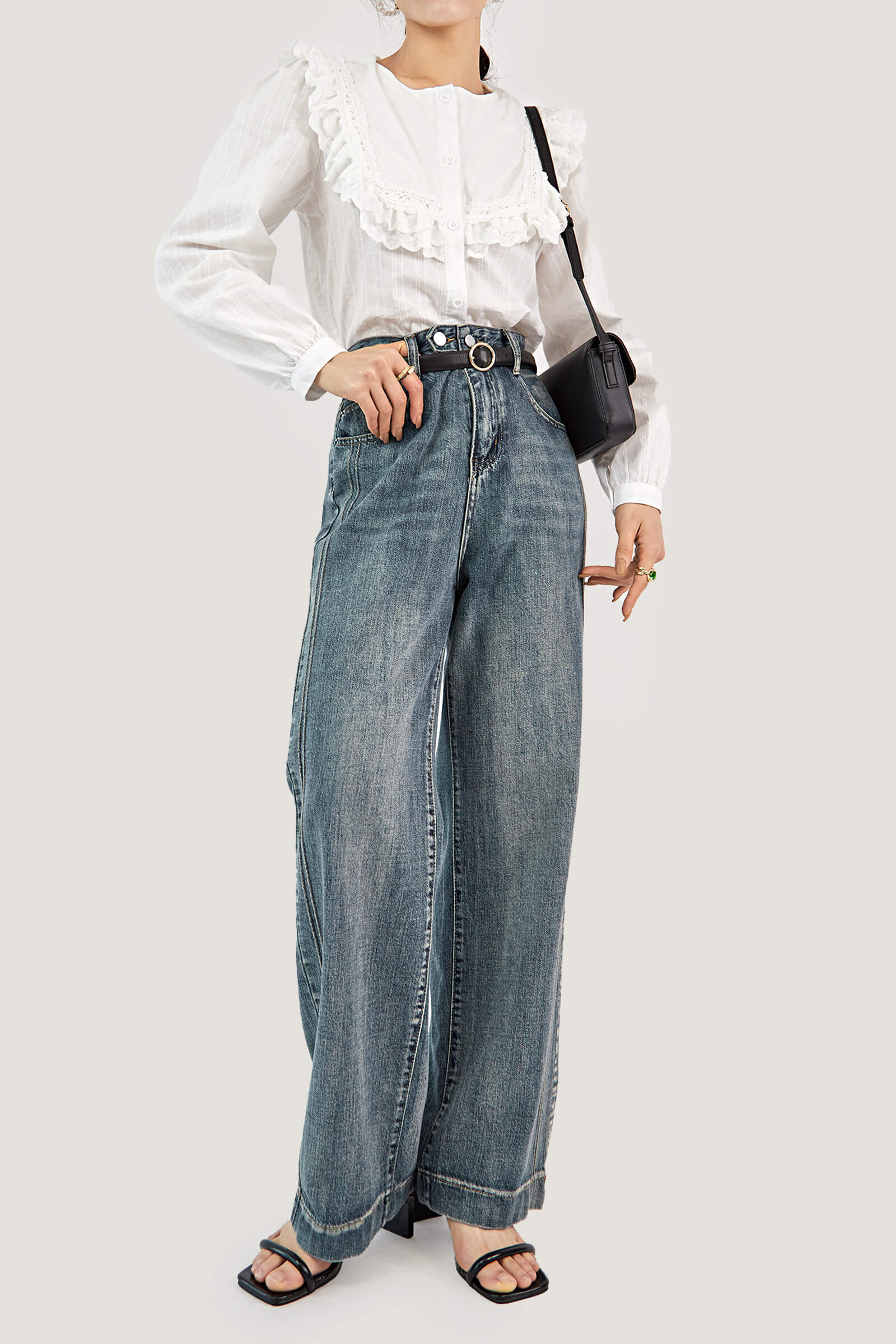 White Crew Neck Lace-Trim Pantern Sleeve Blouse