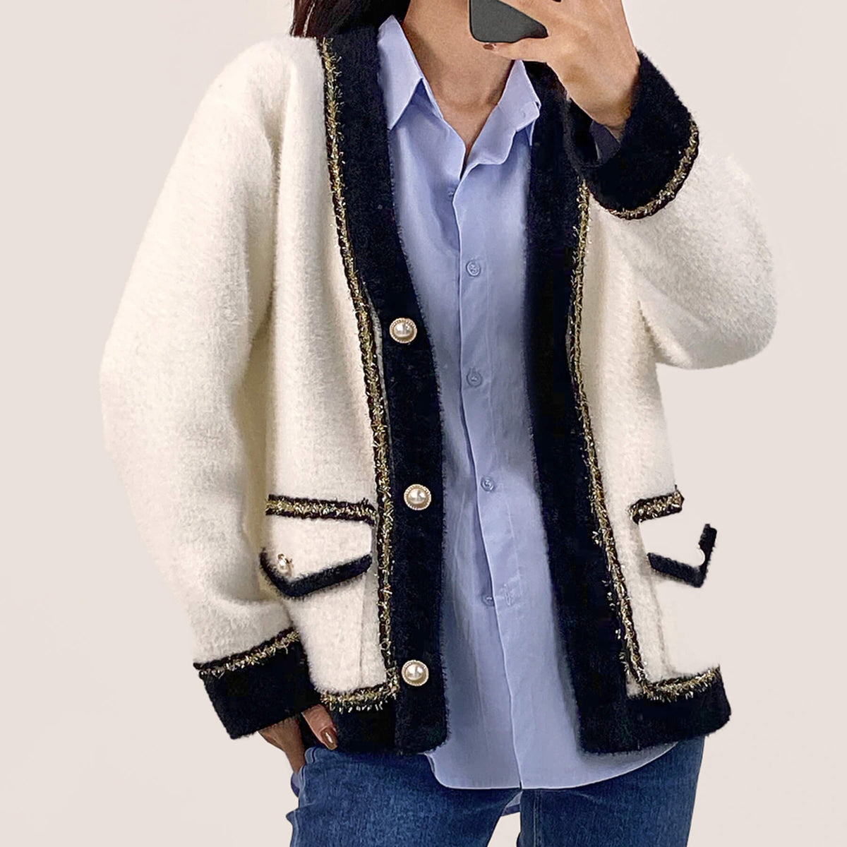 White Pocket Detail Contrast Trim Cardigan