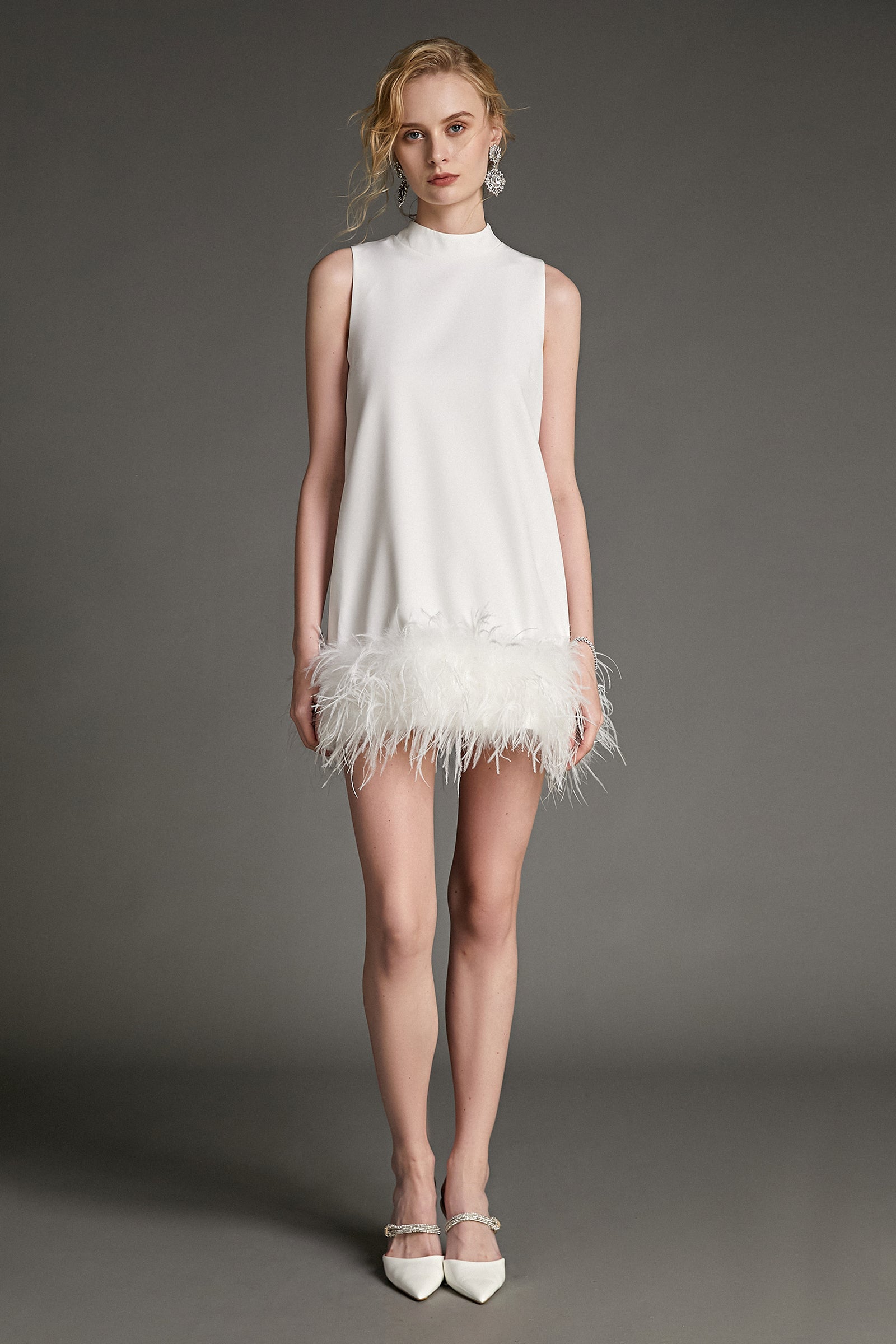 White Sleeveless Mock Neck Feather-Trimmed Mini Dress