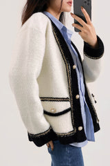 White Pocket Detail Contrast Trim Cardigan