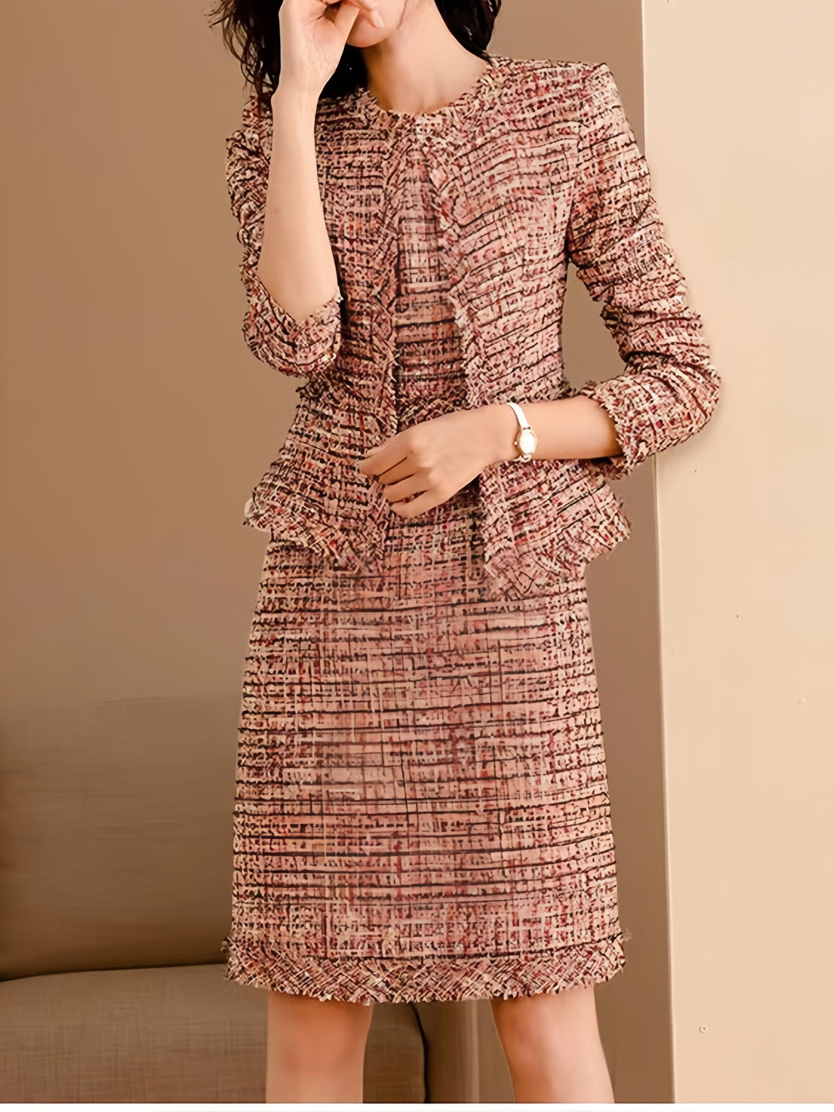 Polyester Cotton Knitted Booker Fancy Jacket Coat Tweed Fabric Two-Piece Set