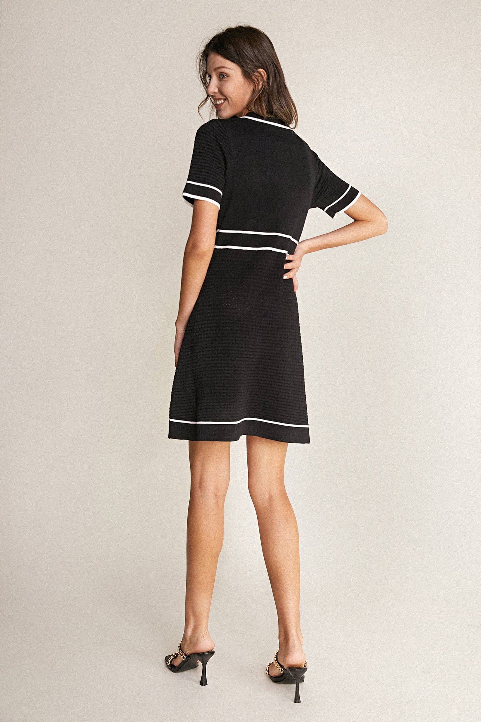 Black Contrast Trim Collared Knitted Mini Dress