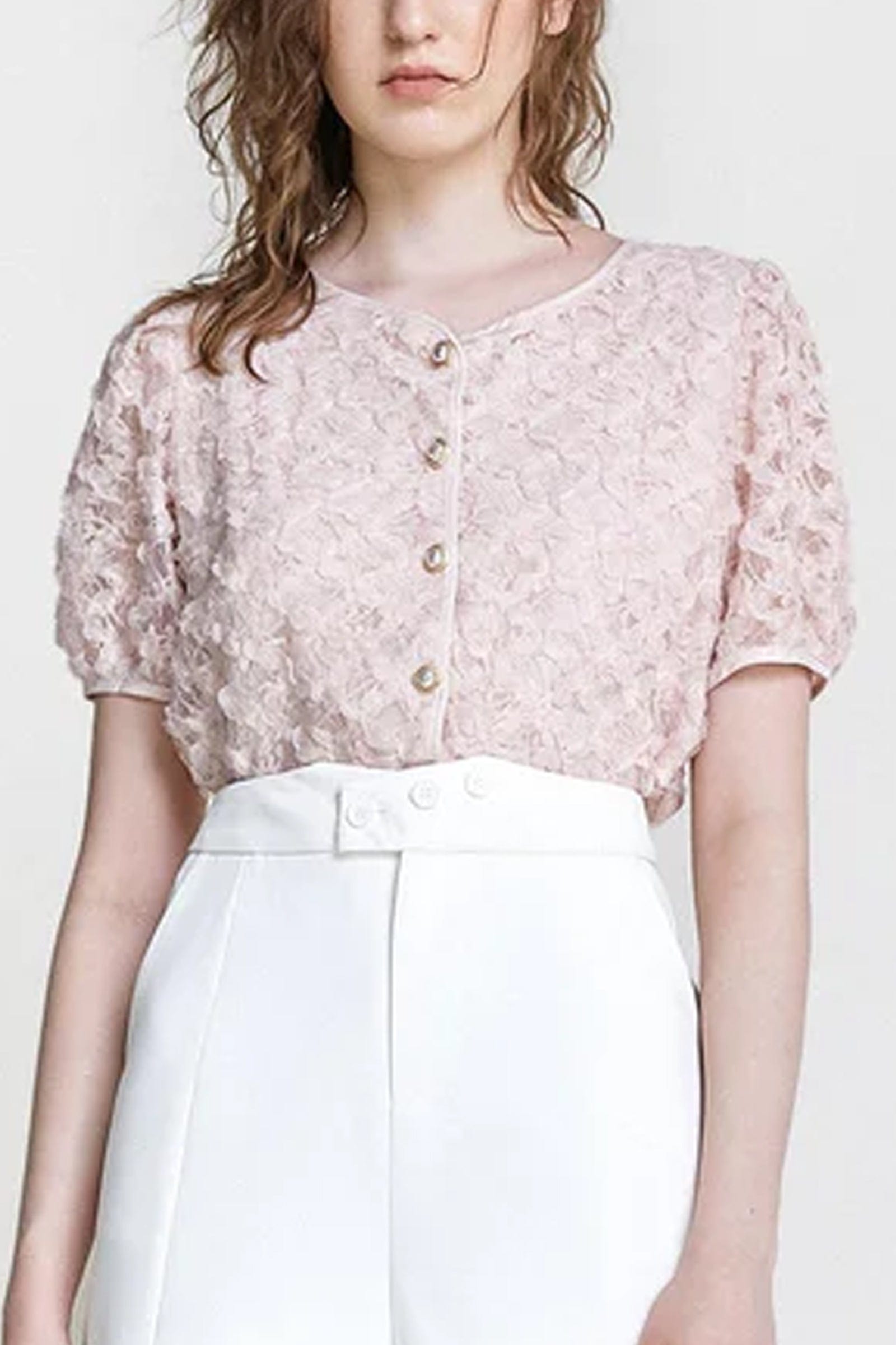 Pink Textured Floral Button Front Blouse