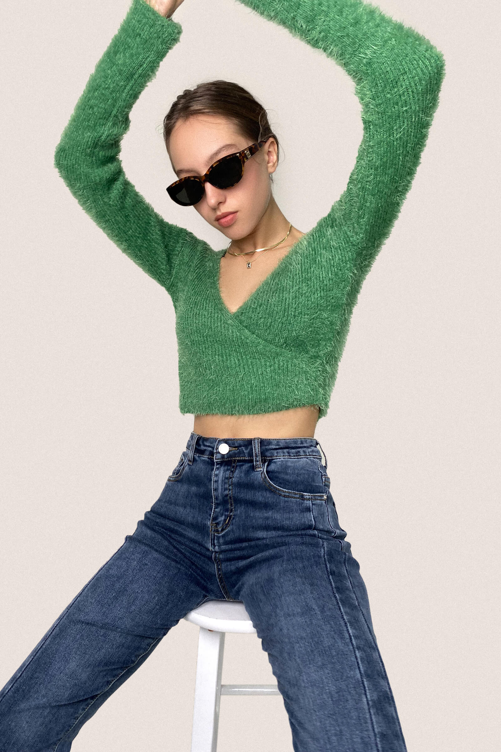 Green Mohair Fuzzy Surplice Cropped Sweater