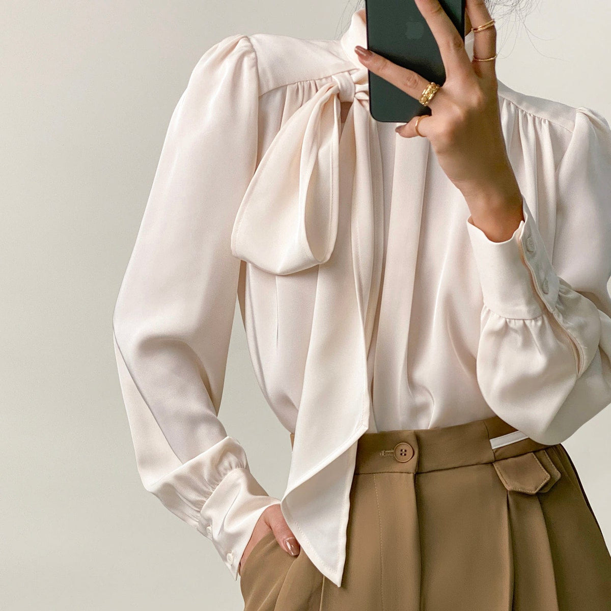 Floral White Satin High Neck Long Sleeve Blouse With Neck Tie