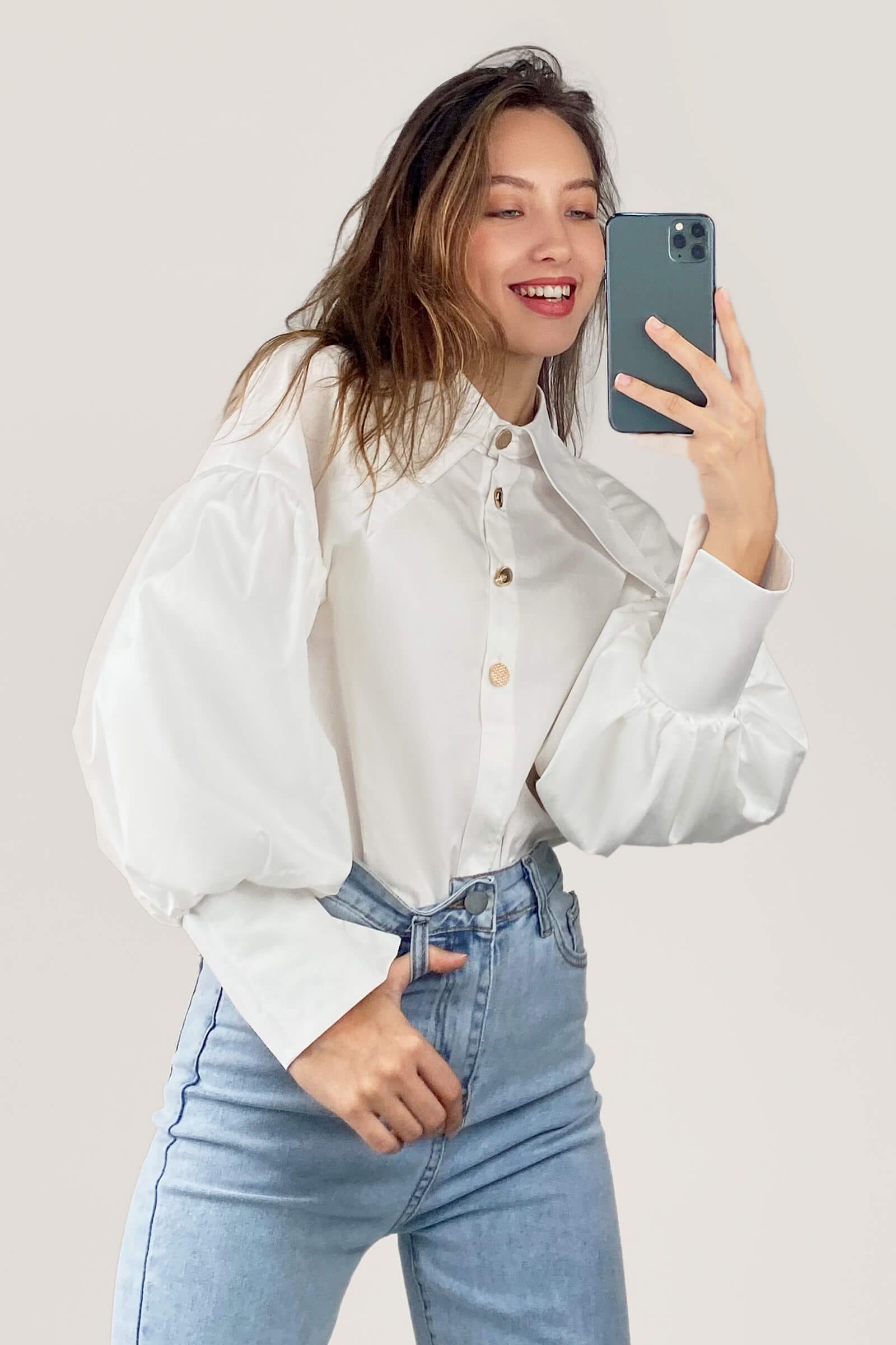 White Pointed Collar Button Detail Lantern Sleeve Shirt