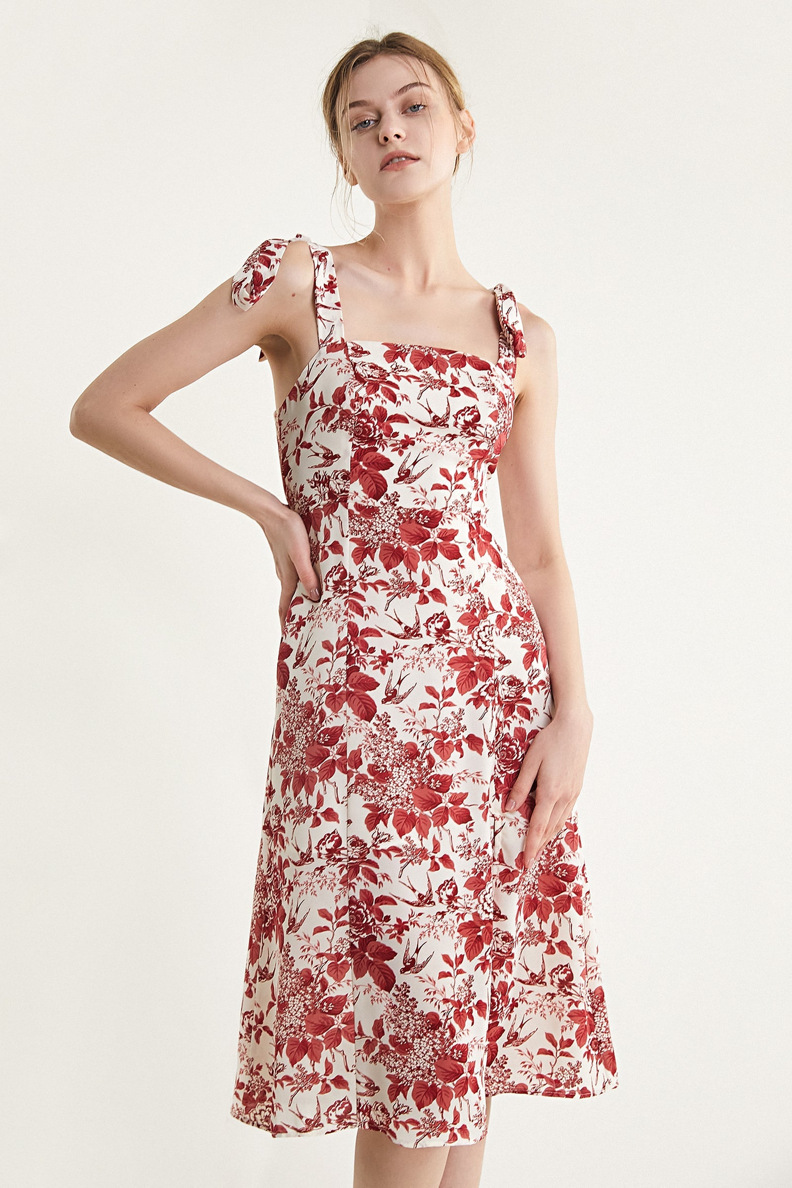 Beige Floral Print Tie Strap Slit Hem Midi Dress
