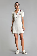 Ivory Embroidered Patch Polo Rib-Knit Dress