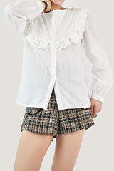 White Crew Neck Lace-Trim Pantern Sleeve Blouse