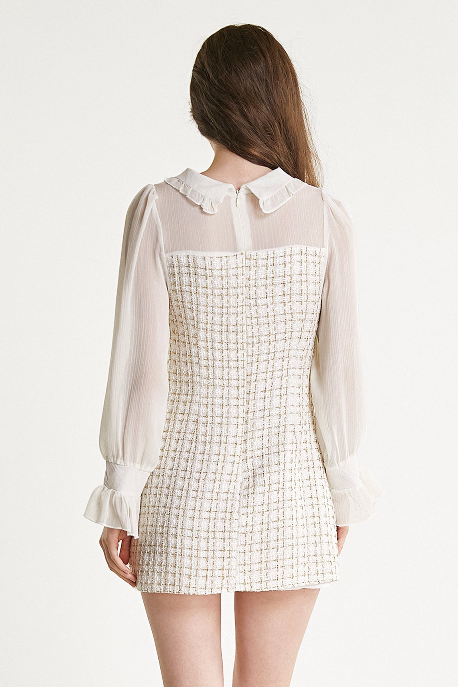 White Mesh Yoke Tweed Mini Dress