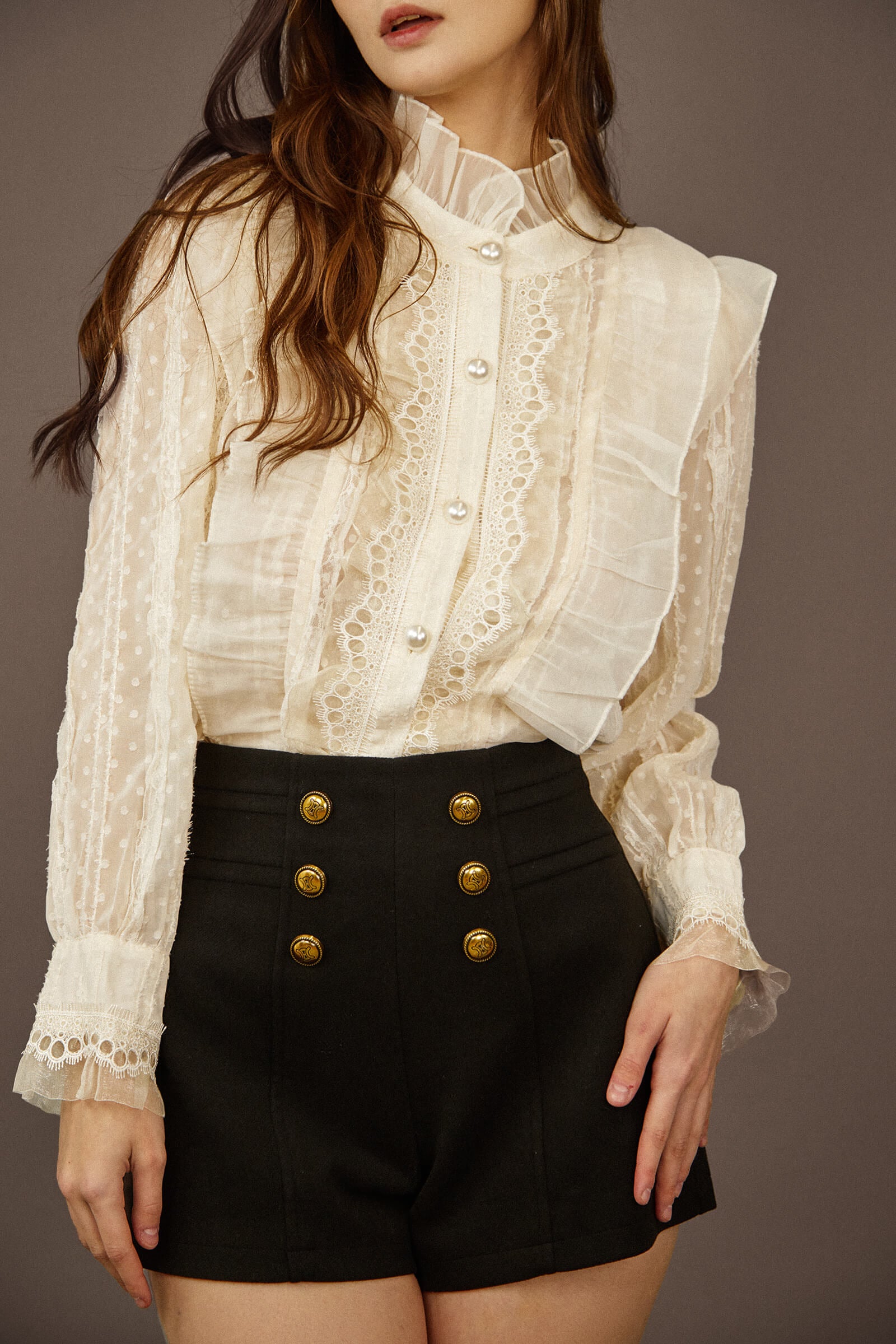 White Lace Trim Faux Pearl Button Blouse