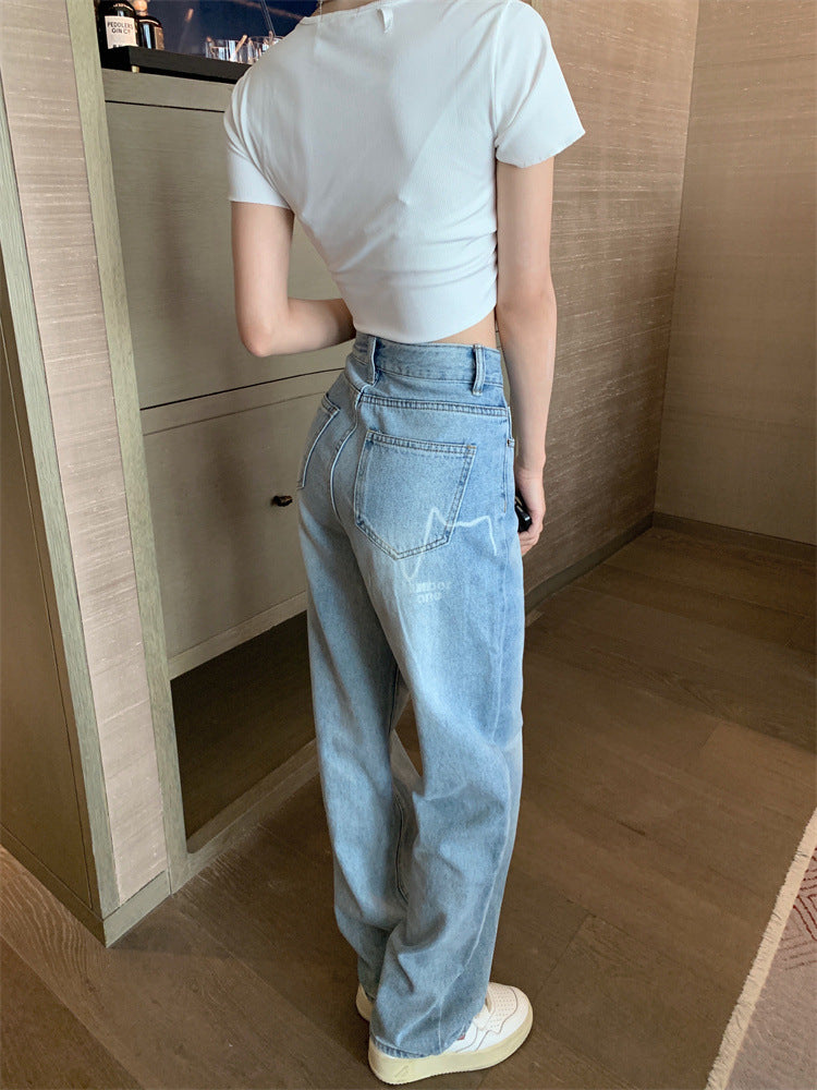 Light Blue Letter-Print Straight-Leg High-Rise Jeans