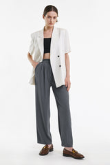 Dim Grey Half Elastic Pleat Detail Wide Leg Suit Pants