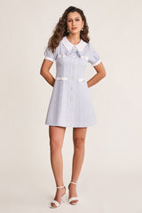Light Blue Collared Button Detail A-Line Tweed Mini Dress