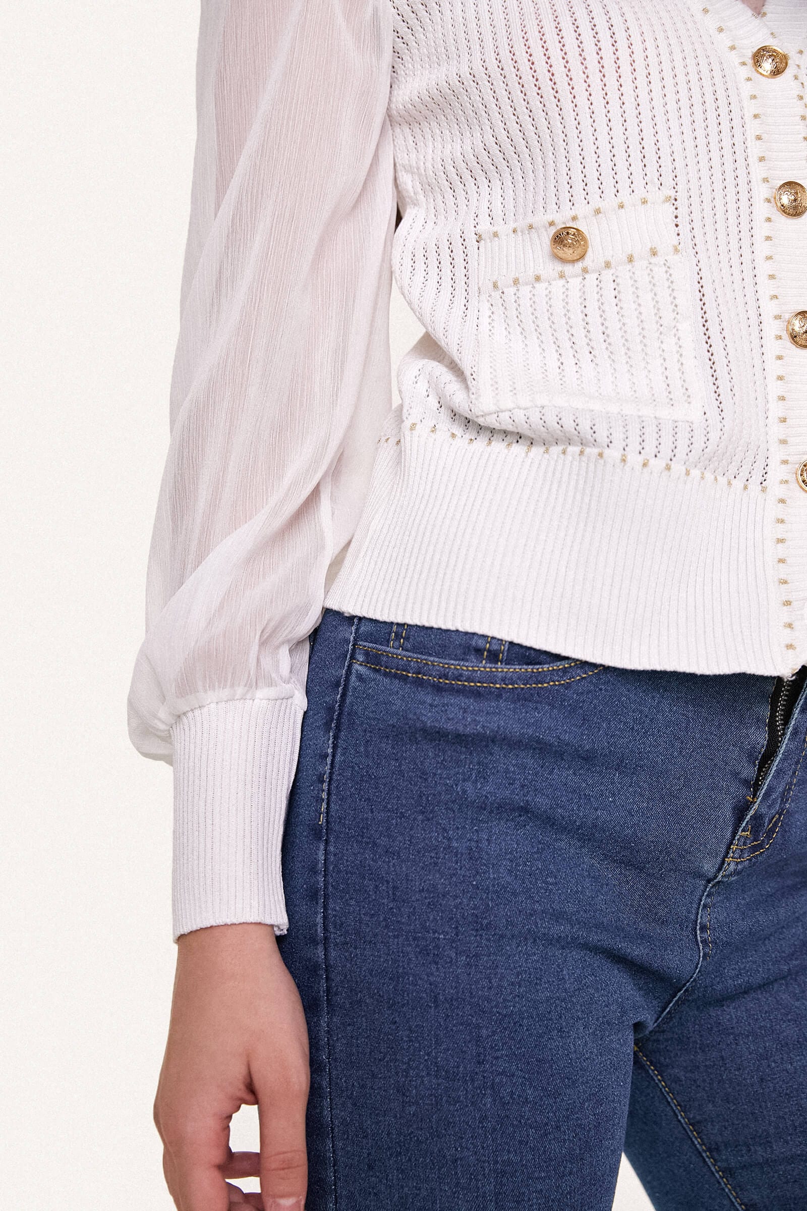 White Sheer Long Sleeve Pointelle-Knit Cardigan With Gold Buttons