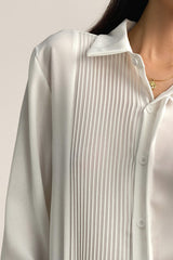 White Pleat Detail Long Sleeve Button-Up Chiffon Shirt
