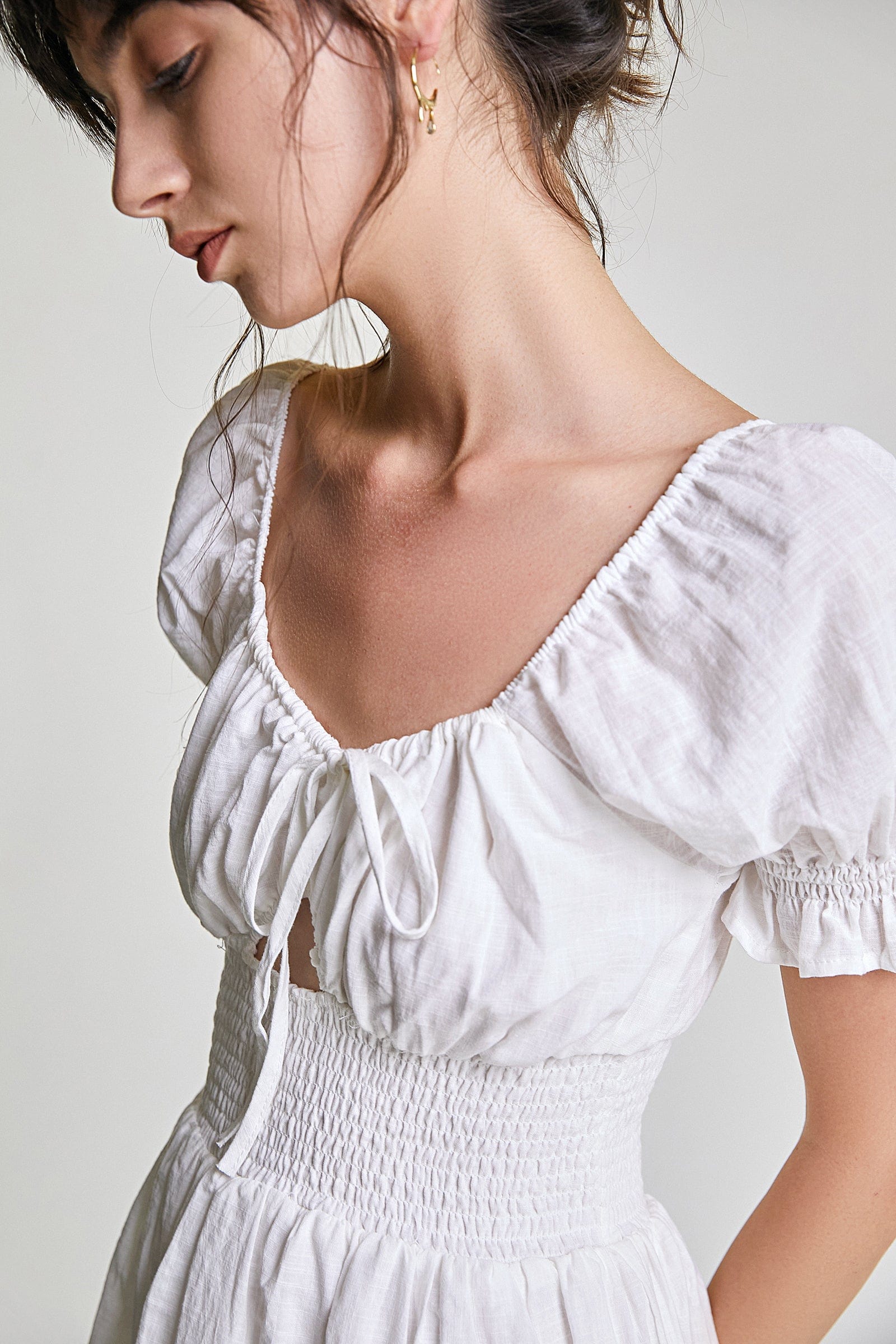 White Deep V-Neck Underbust Cut Out Smocked Waist Mini Dress