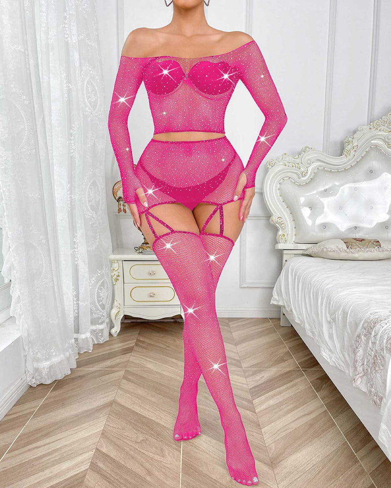 Rhinestone Fishnet Long-Sleeved Skirt Set