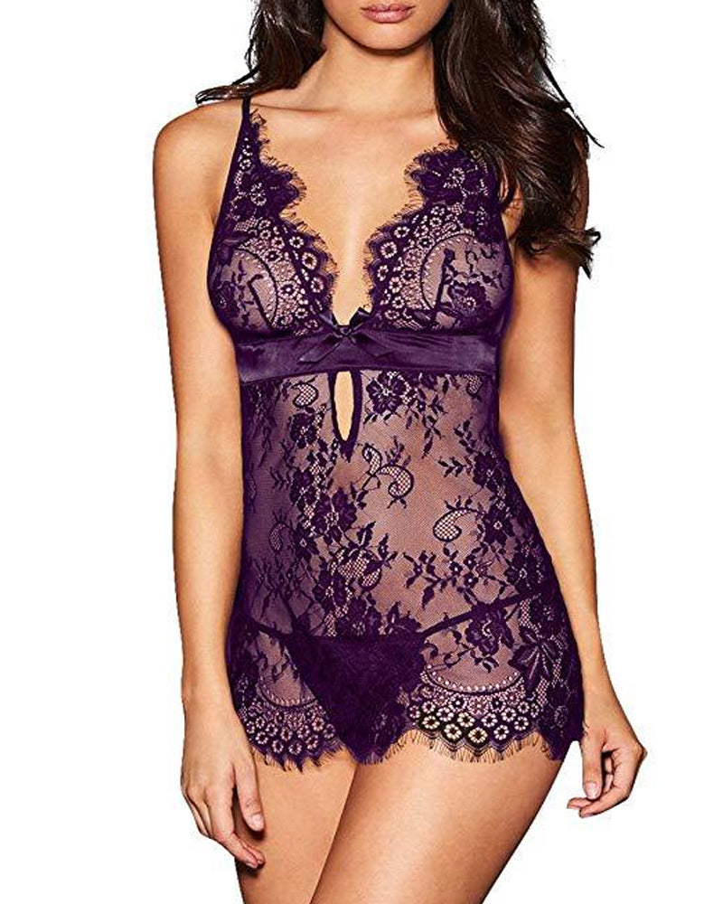 Deep V See-Through Eyelash Lace Camisole Nightgown