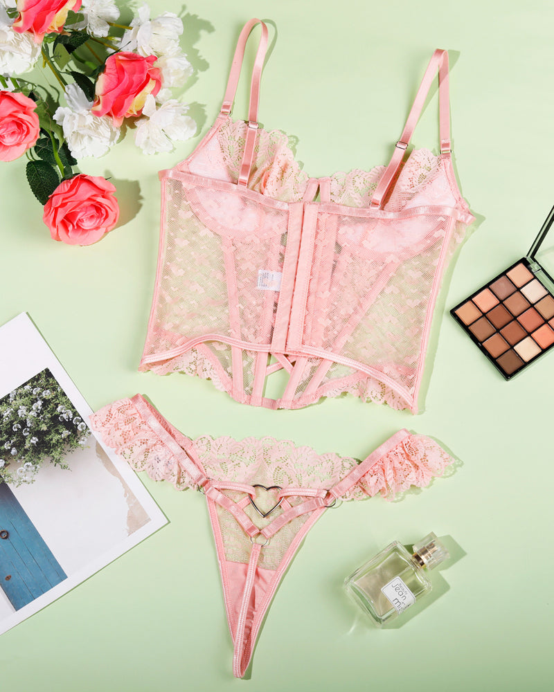 Lace See-Through Heart-Shaped Buckle Lingerie Set
