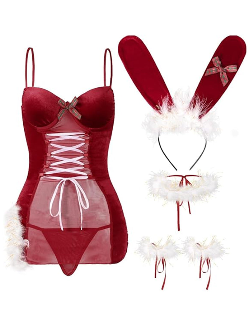 Christmas Bunny Ear Velvet Mesh See-through Nightgown Set