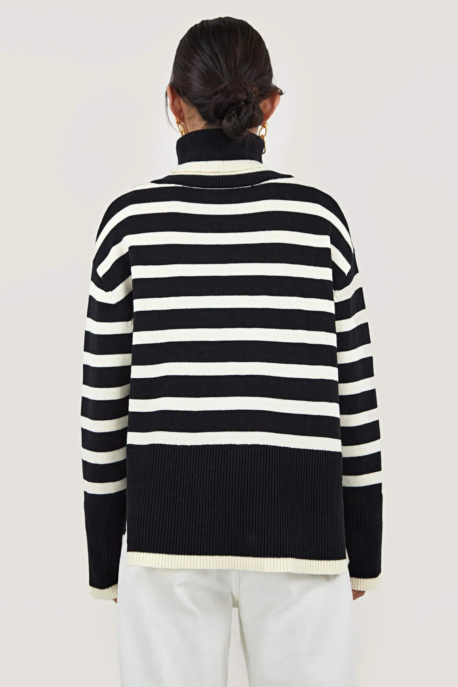 White Roll Neck Striped Ribbed Pullover Sweater