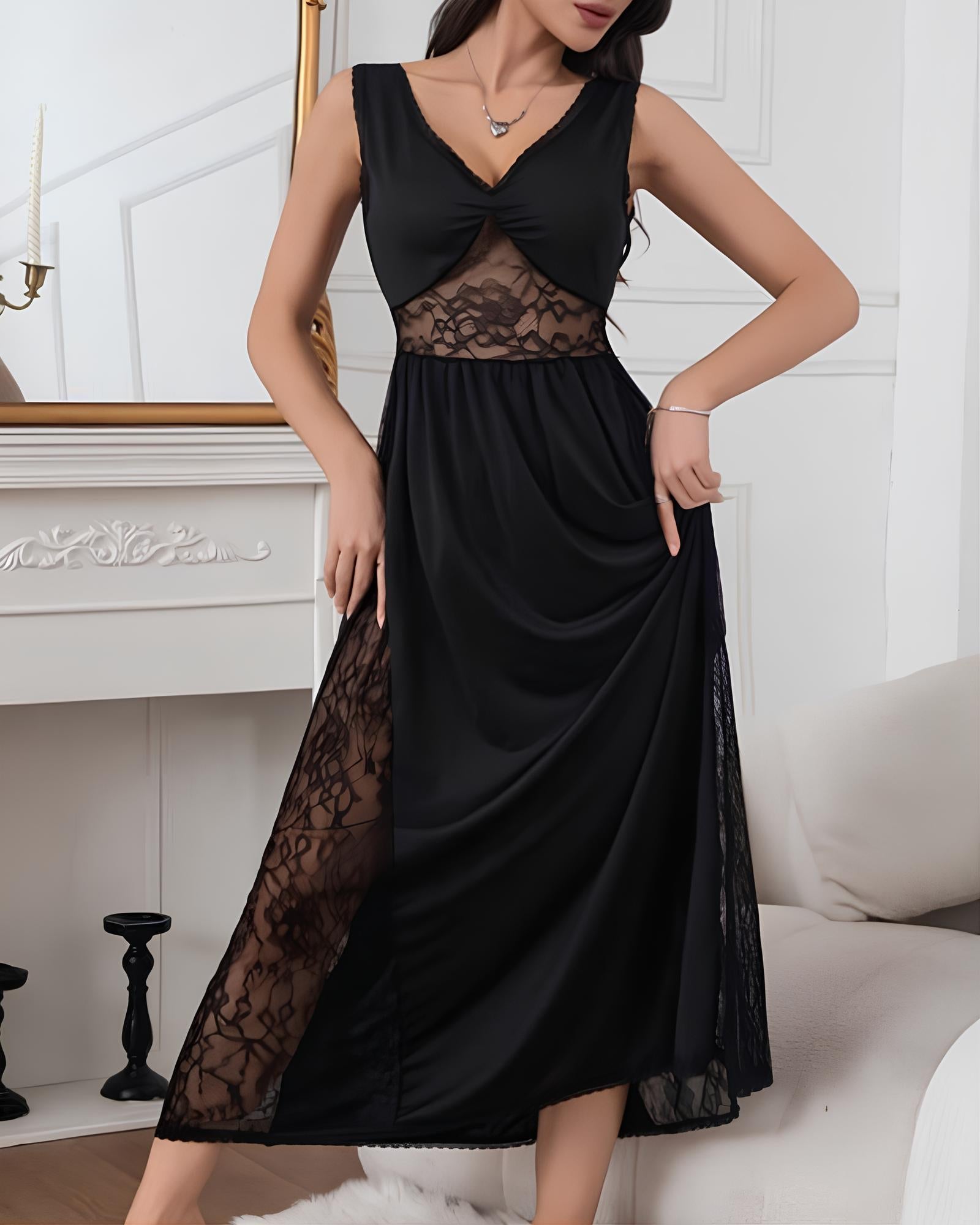 Deep V See-through Lace Patchwork Long Nightgow