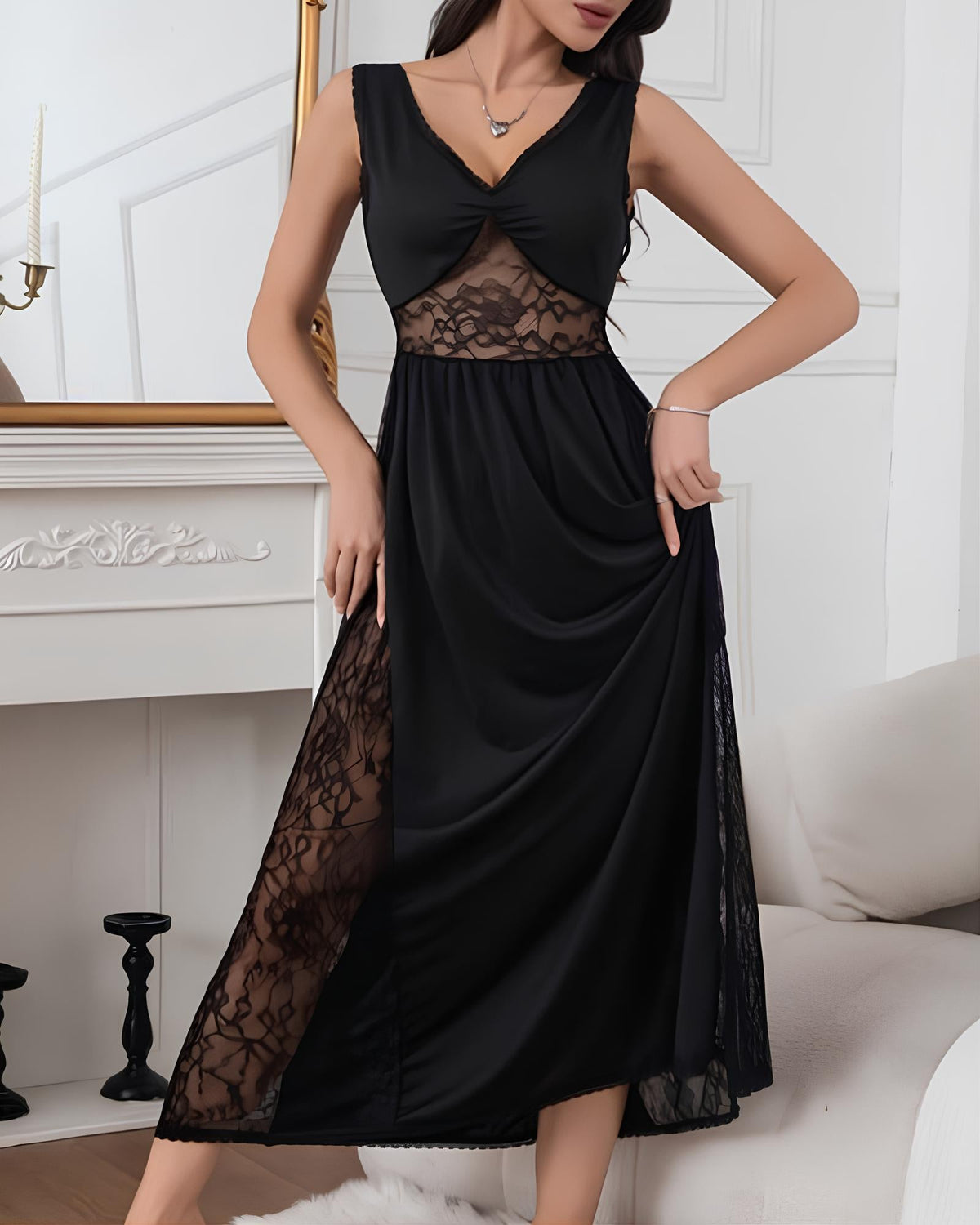 Deep V See-through Lace Patchwork Long Nightgow